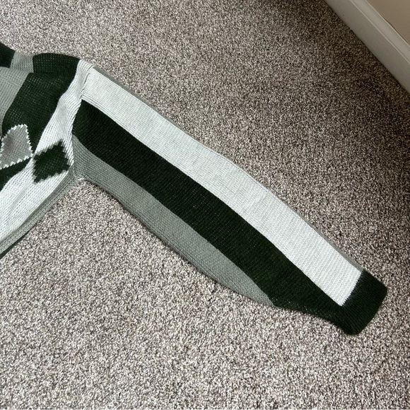 Vintage Green/White Striped Orlon Acrylic Rugby Sportswear Zip Up Cardigan, Med - Picture 8 of 9